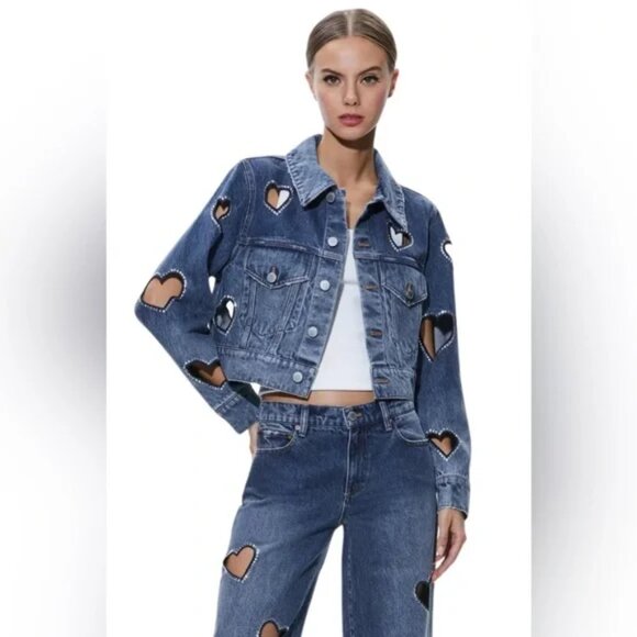 Alice Olivia Jeff Embellished Cropped Denim Jacket - Picture 1 of 6